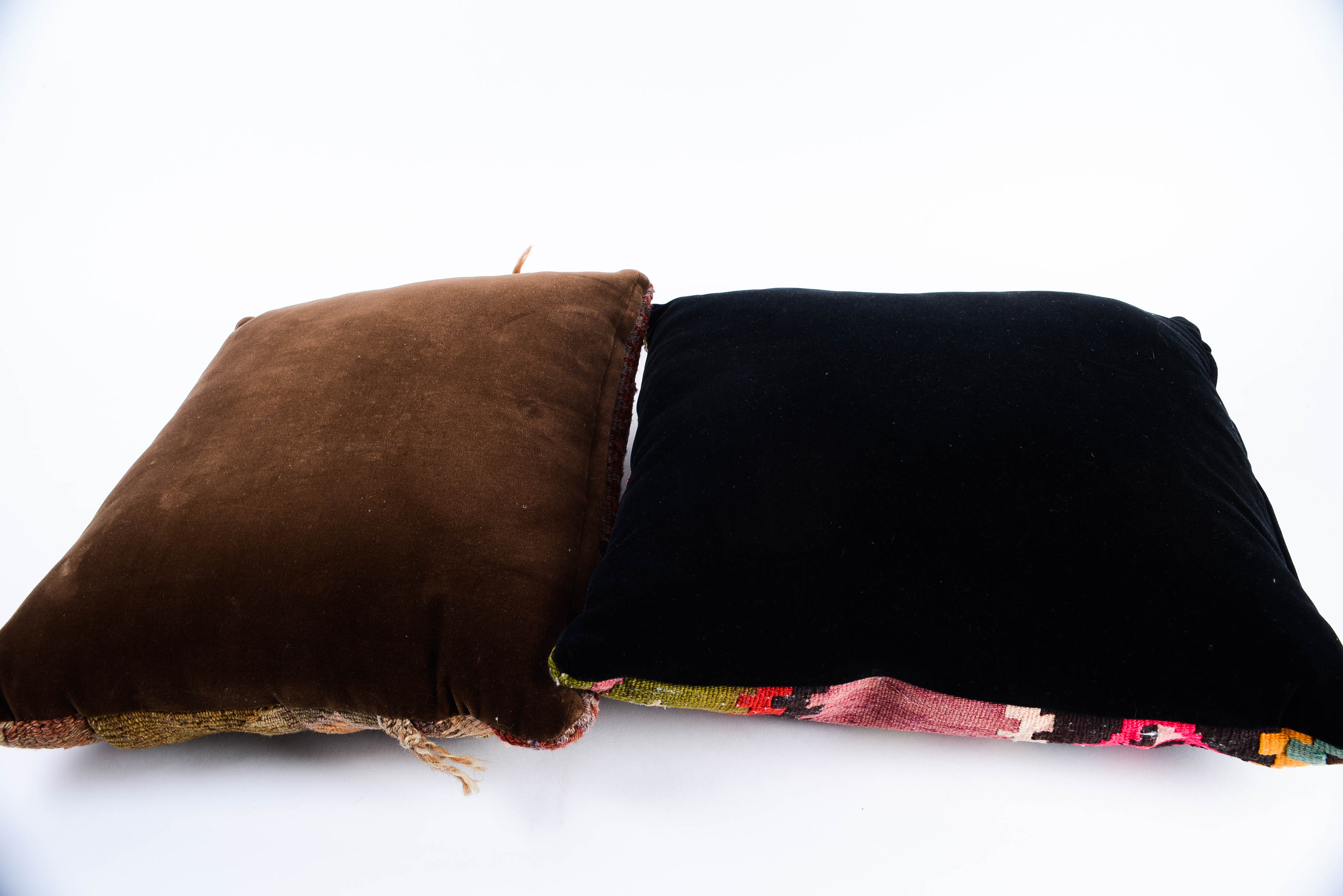 Pair of Antique Kilim Rug Throw Pillows with Velvet Backs