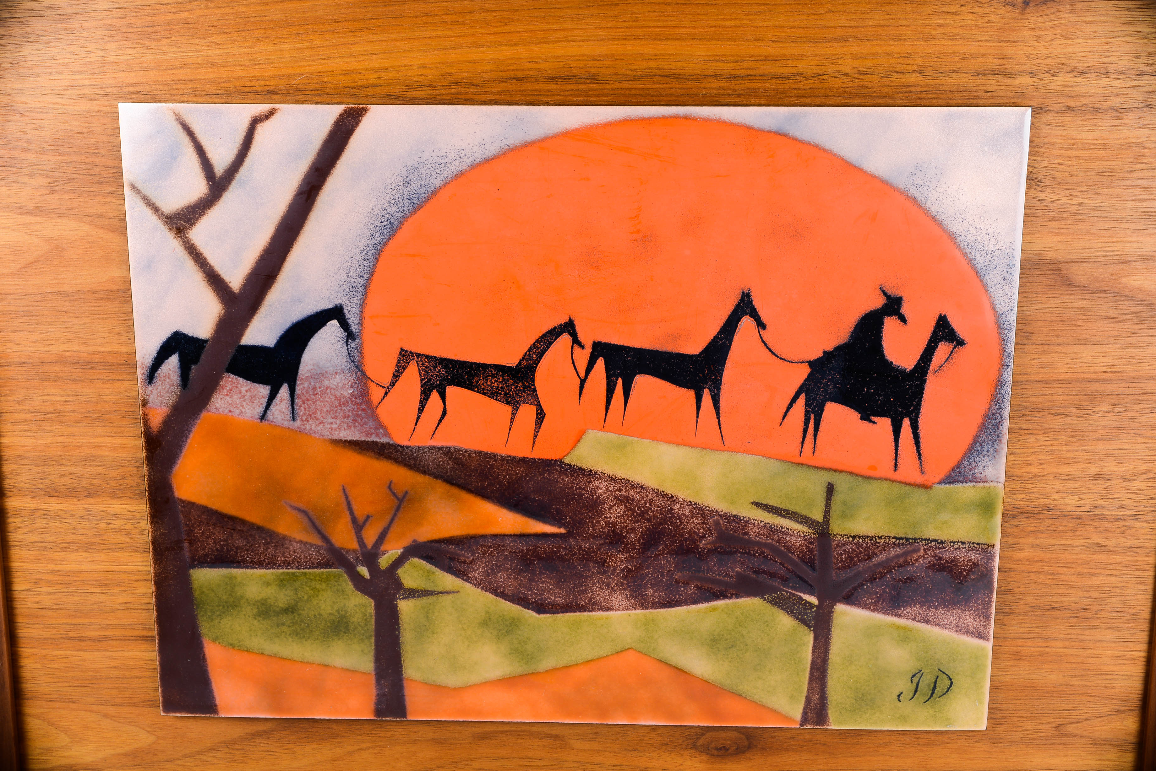 Mid Century Judith Daner Enamel on Copper and Teak Painting