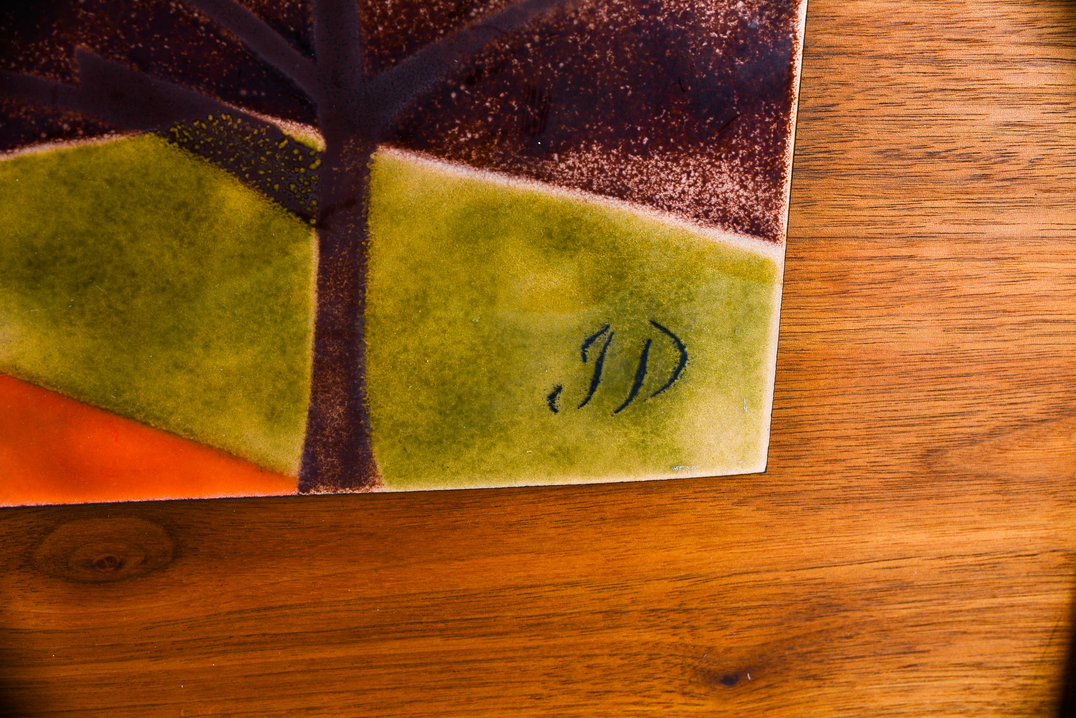 Mid Century Judith Daner Enamel on Copper and Teak Painting