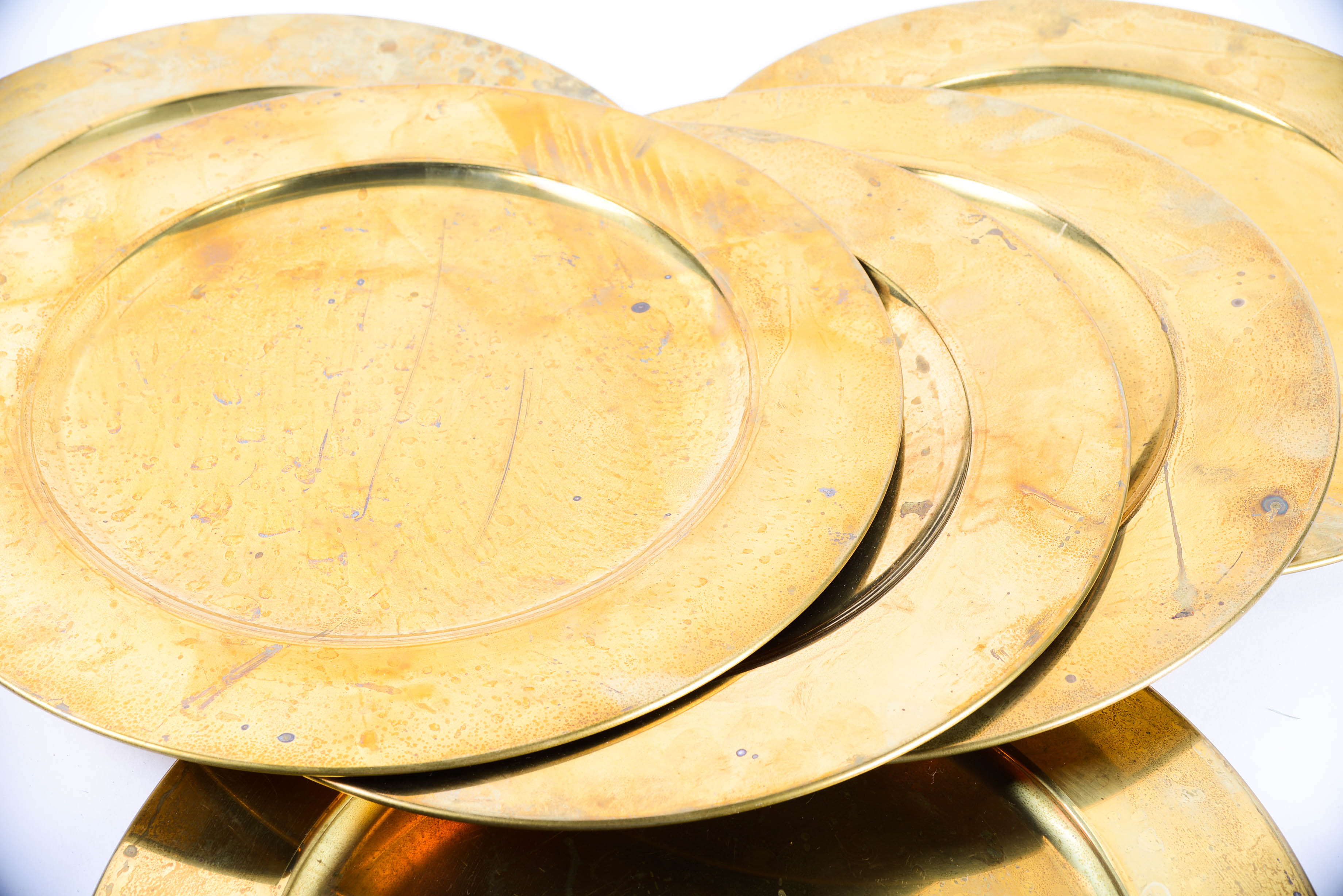 Six Mid Century Modern Brass Chargers