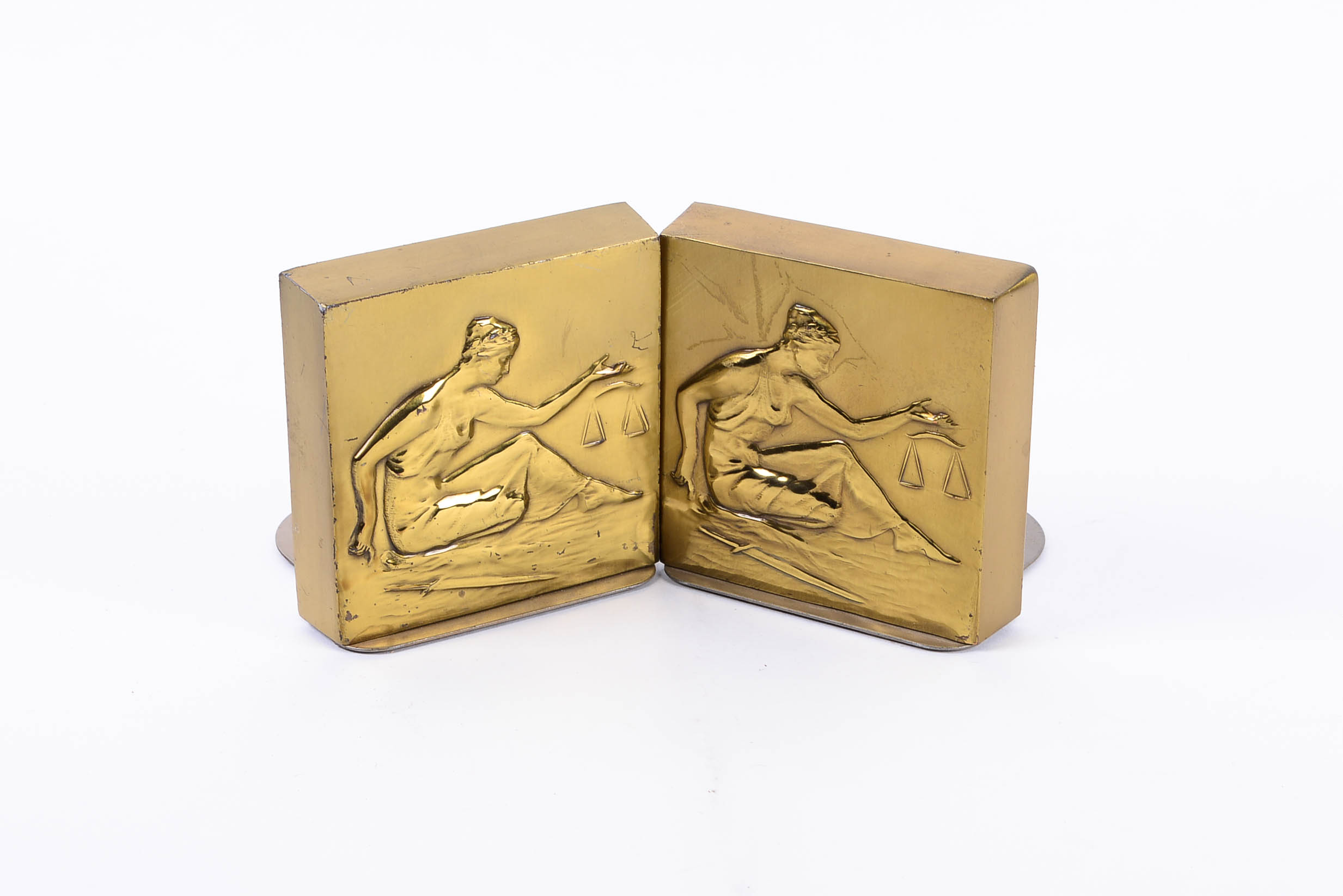 Pair of Vintage Arts and Crafts Era Lady Justice Brass Bookends