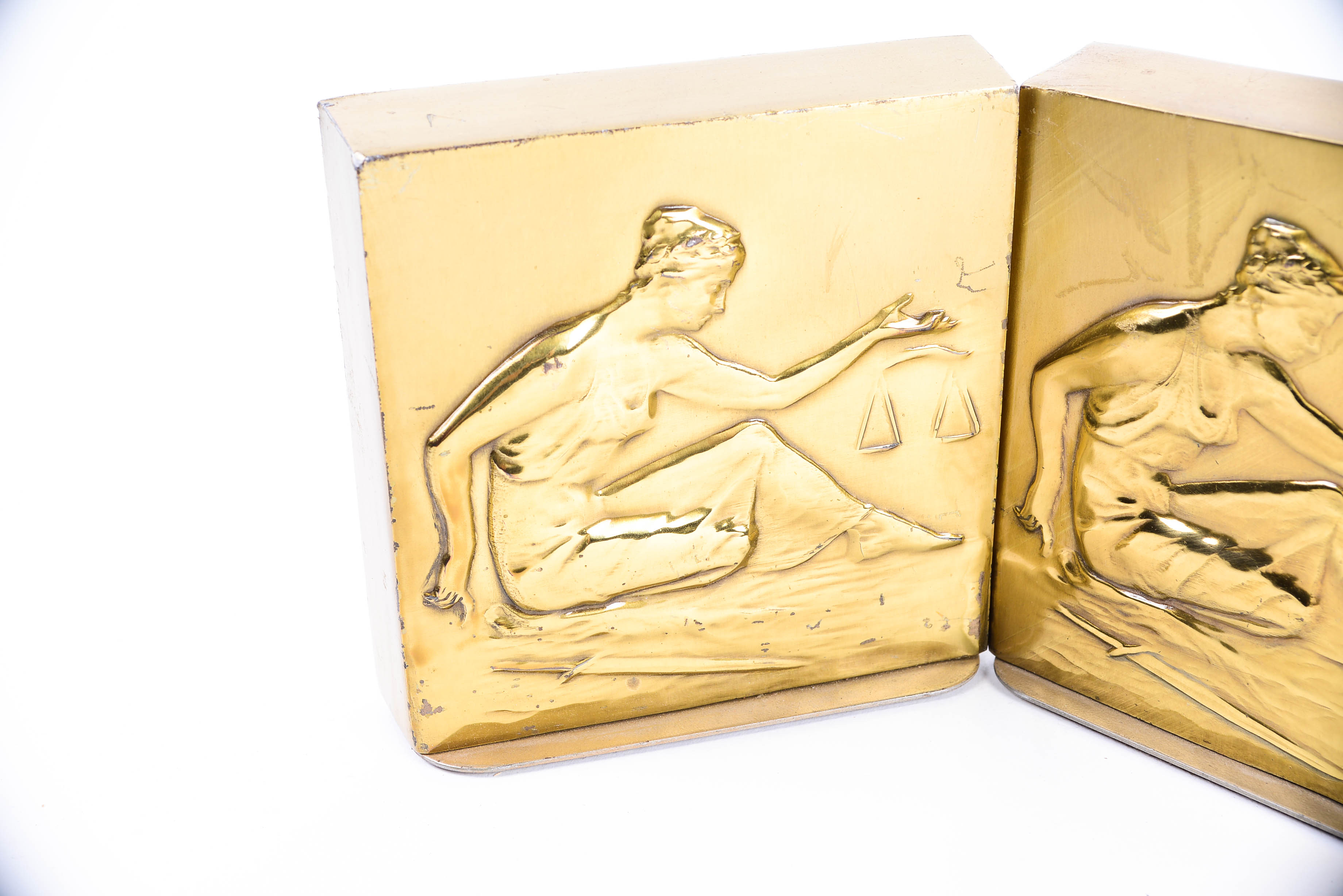 Pair of Vintage Arts and Crafts Era Lady Justice Brass Bookends