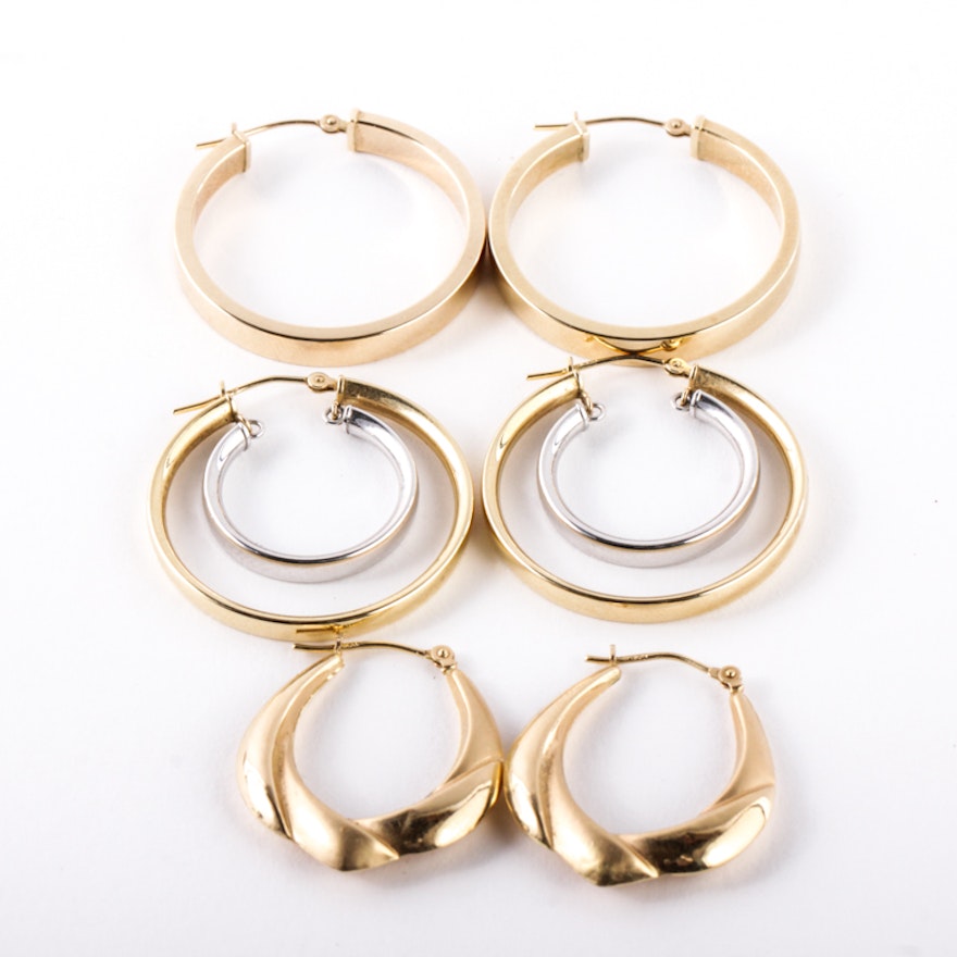 Three Pairs of 14K Yellow Gold Hoop Earrings
