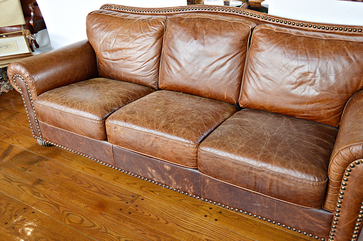 Contemporary Art Deco Style Brown Leather Sofa