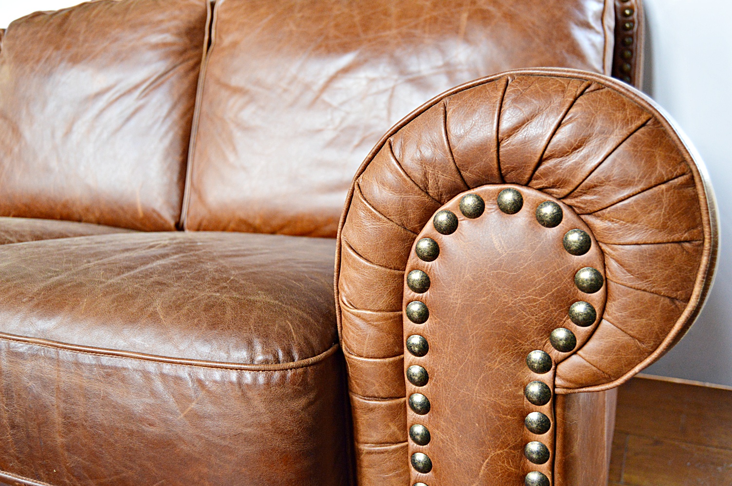 Contemporary Art Deco Style Brown Leather Sofa