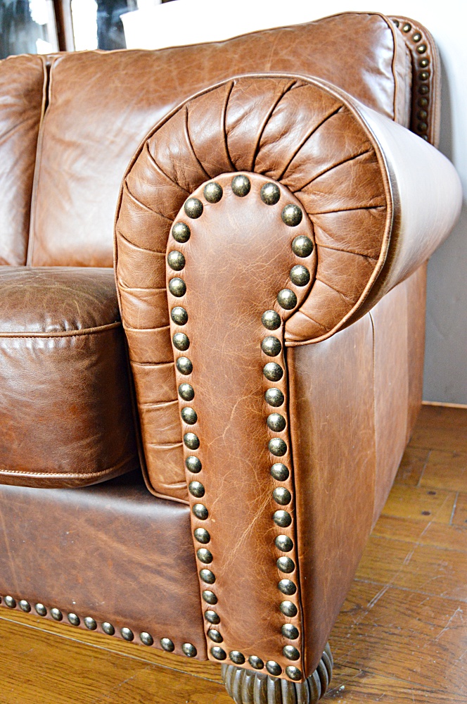 Contemporary Art Deco Style Brown Leather Sofa