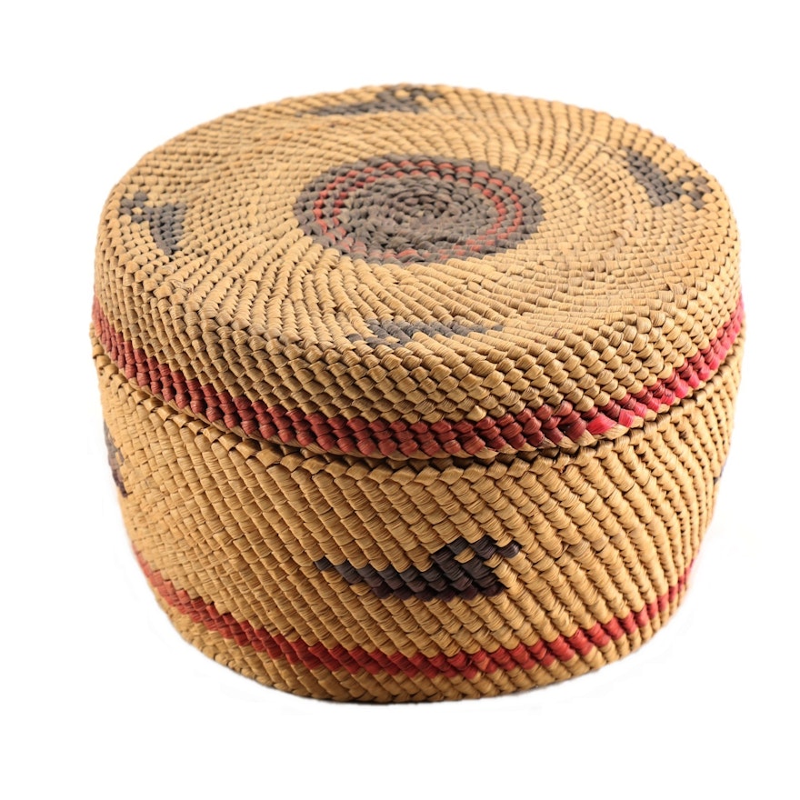 Early 20th Century Small Makah-Nootka Lidded Basket with Loons