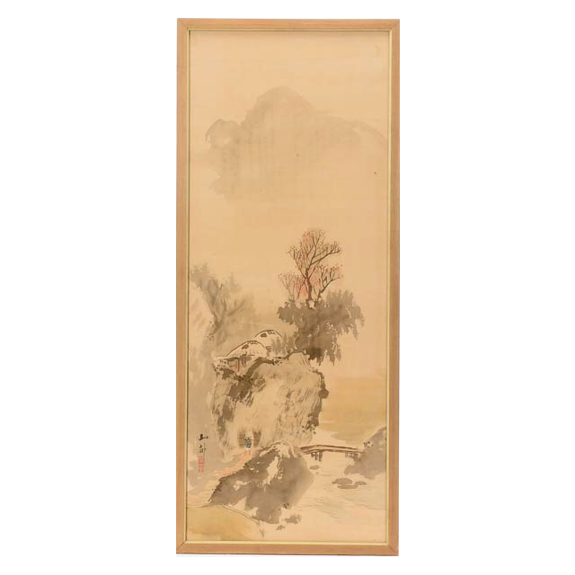 Chinese Ink Wash Landscape Painting with Gouache on Silk