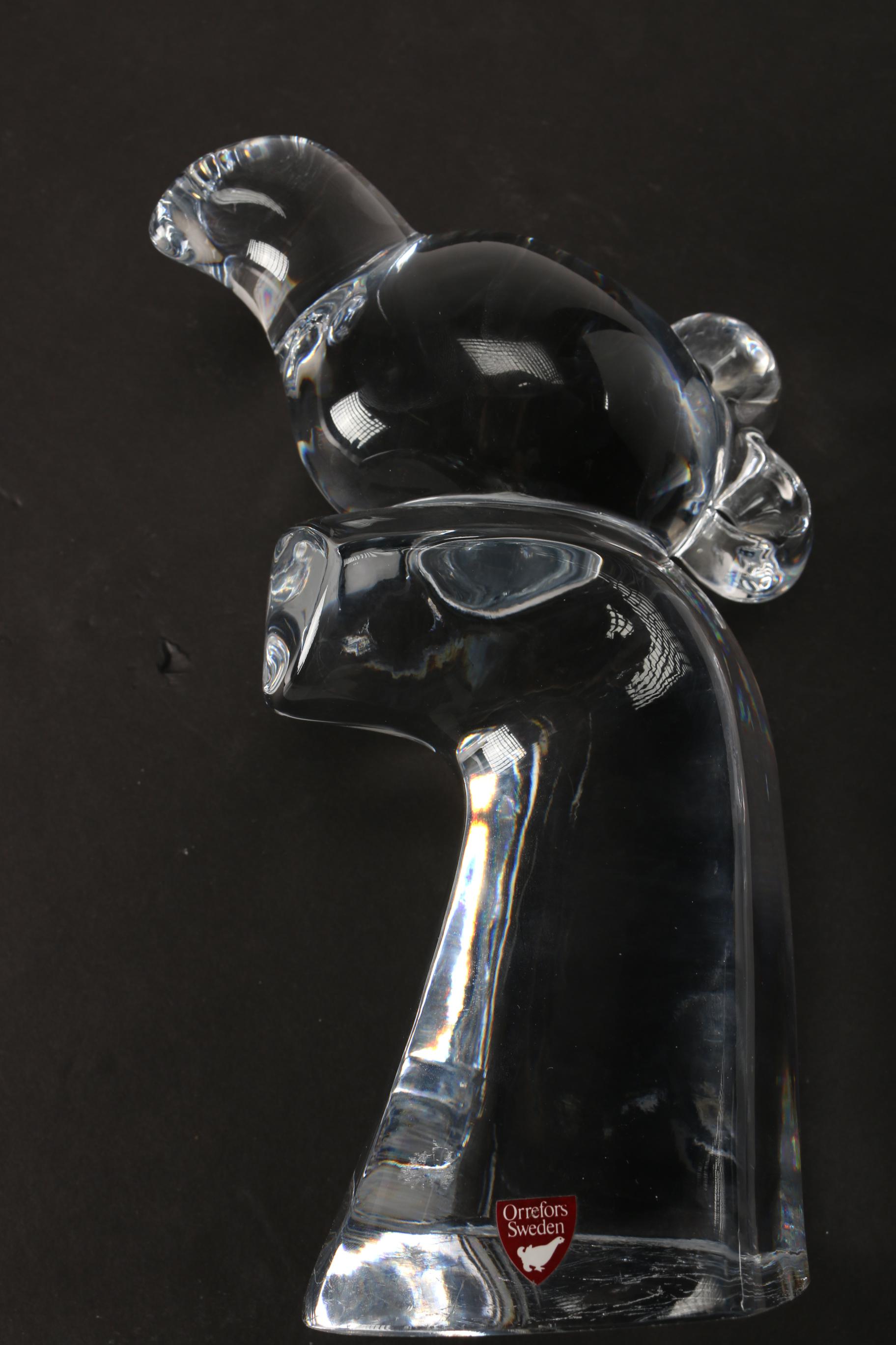 Orrefors Crystal Bird on Branch Sculpture