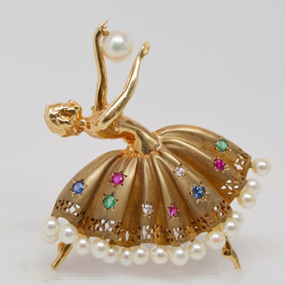 14K Yellow Gold Gemstone Ballerina Brooch