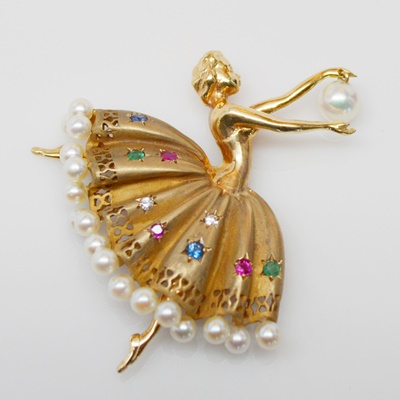 14K Yellow Gold Gemstone Ballerina Brooch