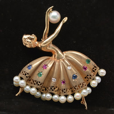 14K Yellow Gold Gemstone Ballerina Brooch