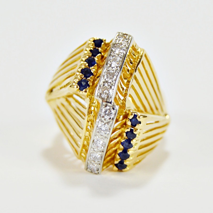 18K Yellow Gold Modernist Blue Sapphire and Diamond Ring