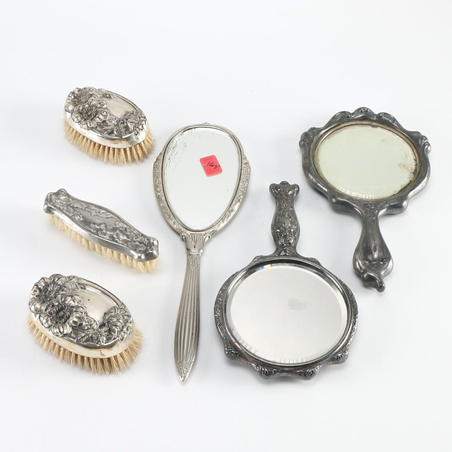 Early 20th Century Silver Plate Hand Mirrors and Brushes