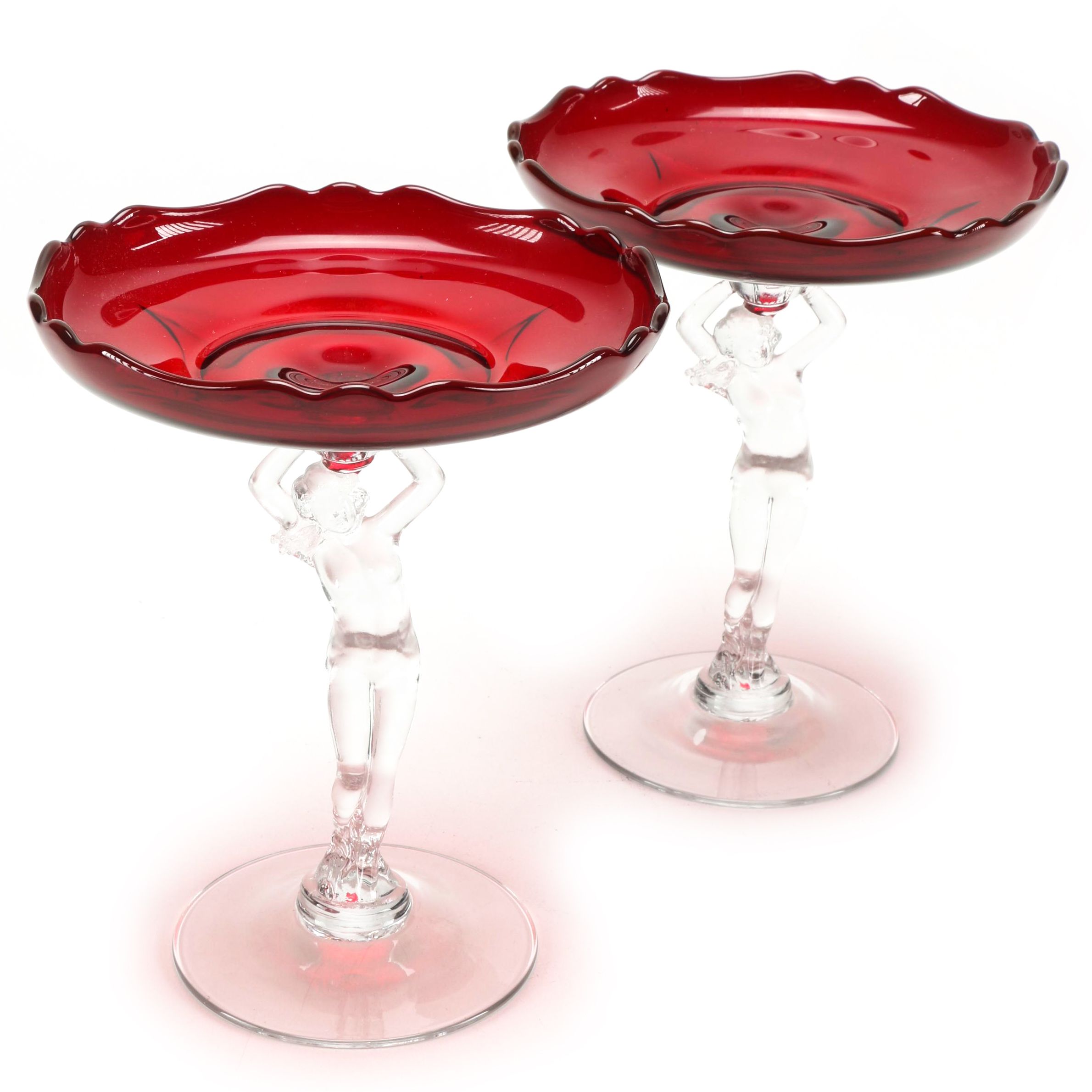 After Cambridge Glass Ruby and Clear Figural Tazzas
