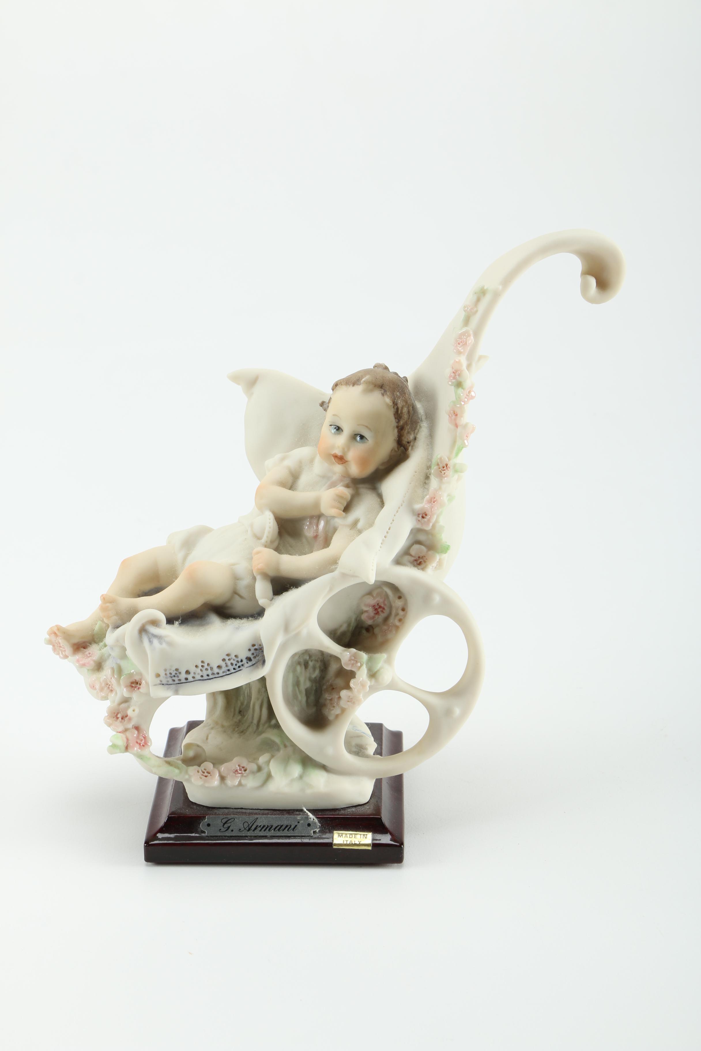 Giuseppe Armani Porcelain Figurines of Baby in Stroller and Girl Washing Clothing