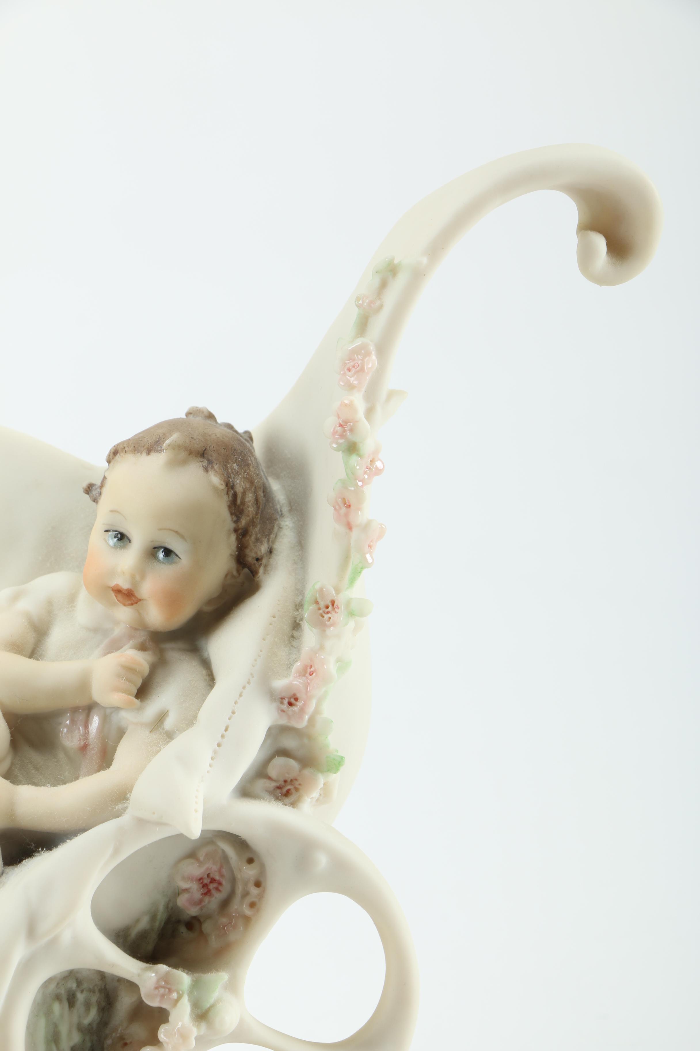 Giuseppe Armani Porcelain Figurines of Baby in Stroller and Girl Washing Clothing