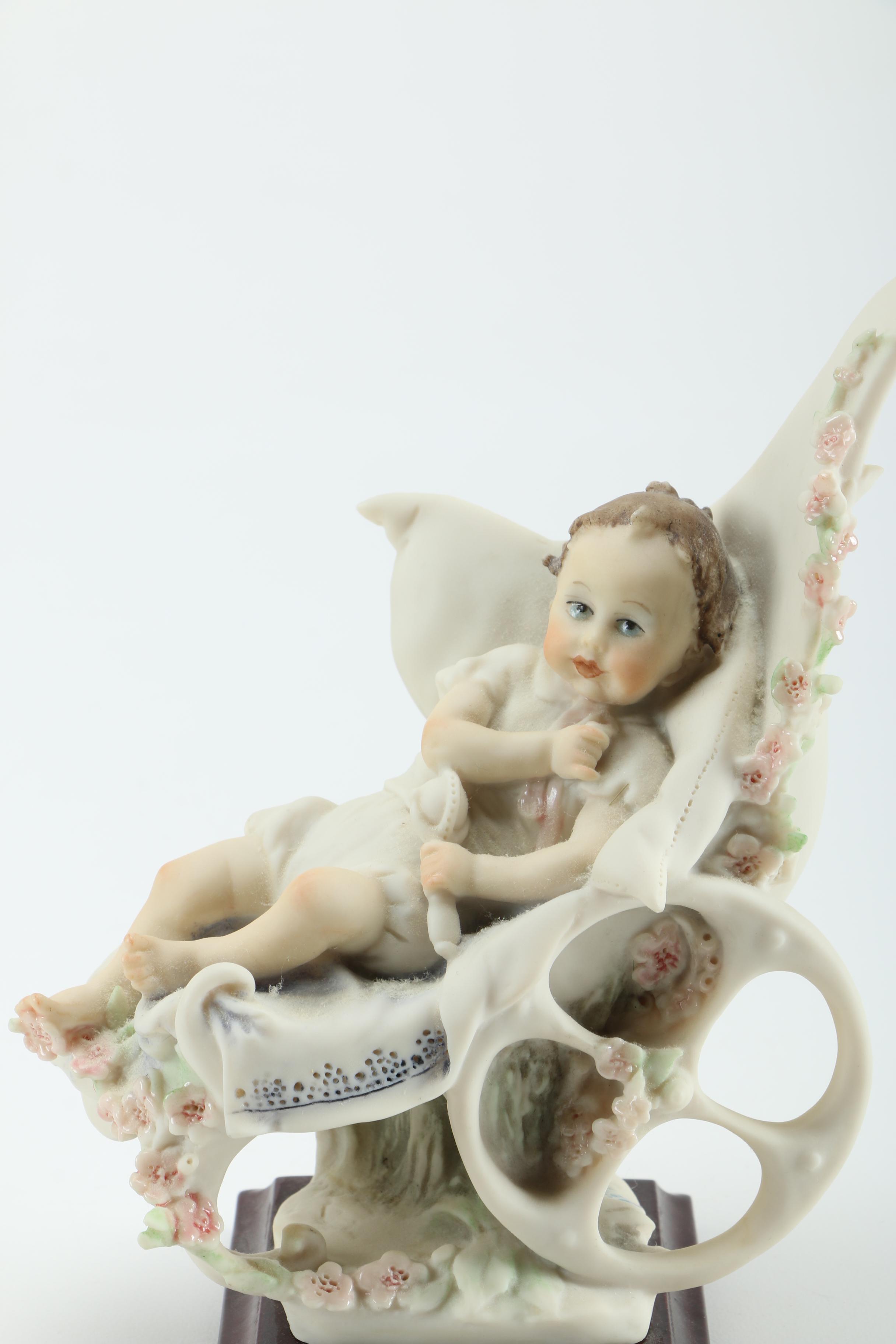 Giuseppe Armani Porcelain Figurines of Baby in Stroller and Girl Washing Clothing