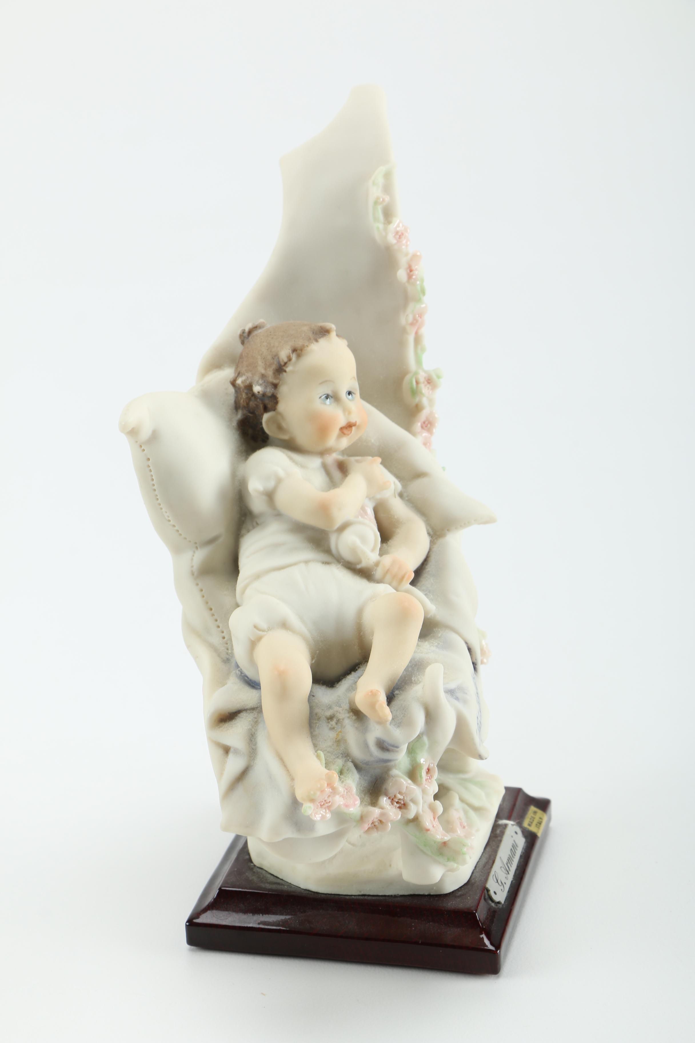 Giuseppe Armani Porcelain Figurines of Baby in Stroller and Girl Washing Clothing