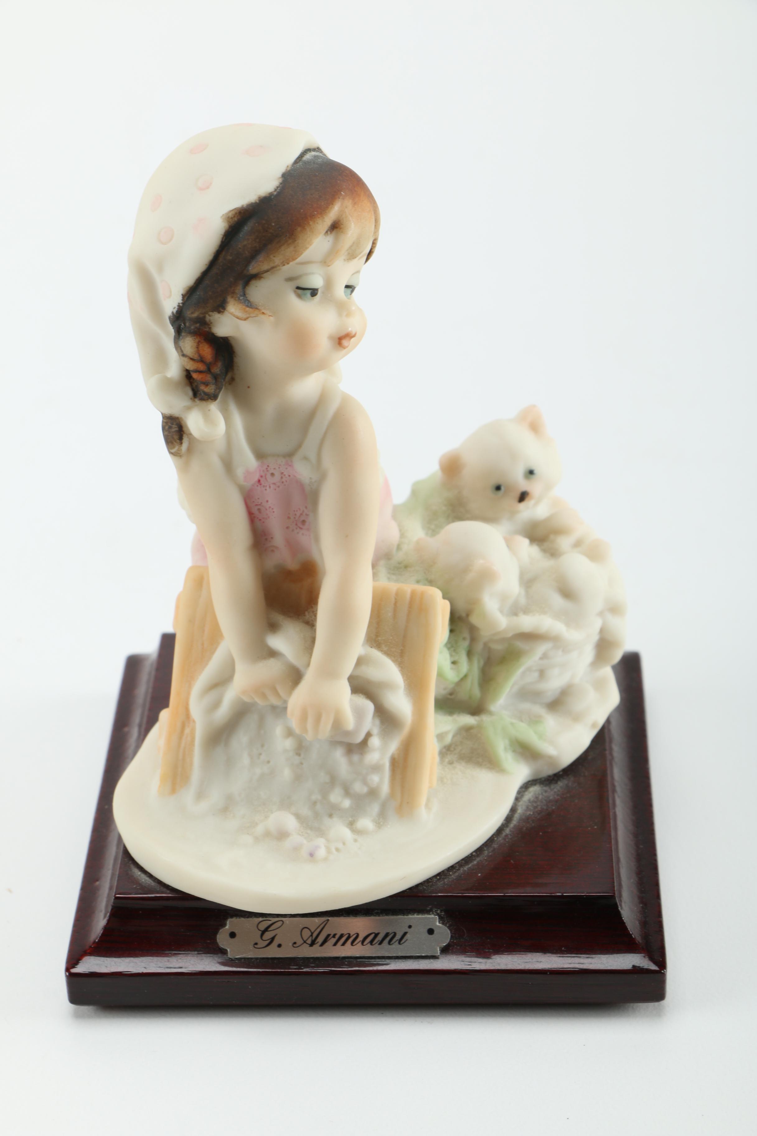 Giuseppe Armani Porcelain Figurines of Baby in Stroller and Girl Washing Clothing