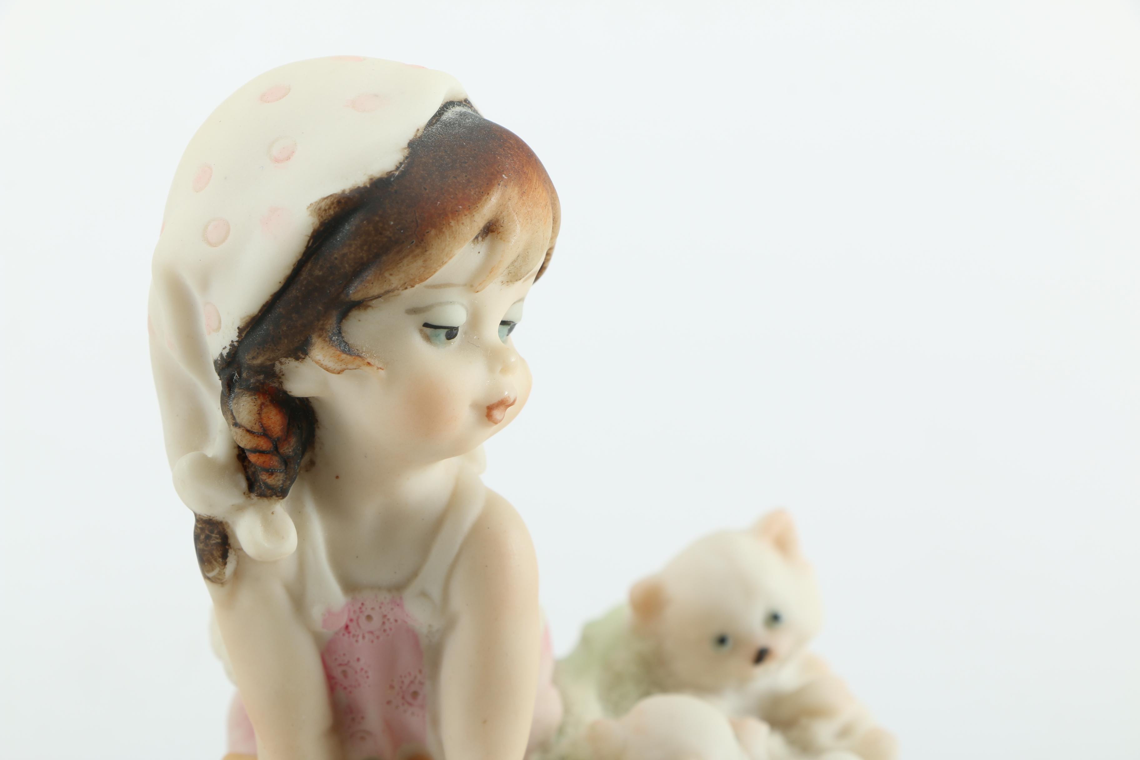 Giuseppe Armani Porcelain Figurines of Baby in Stroller and Girl Washing Clothing
