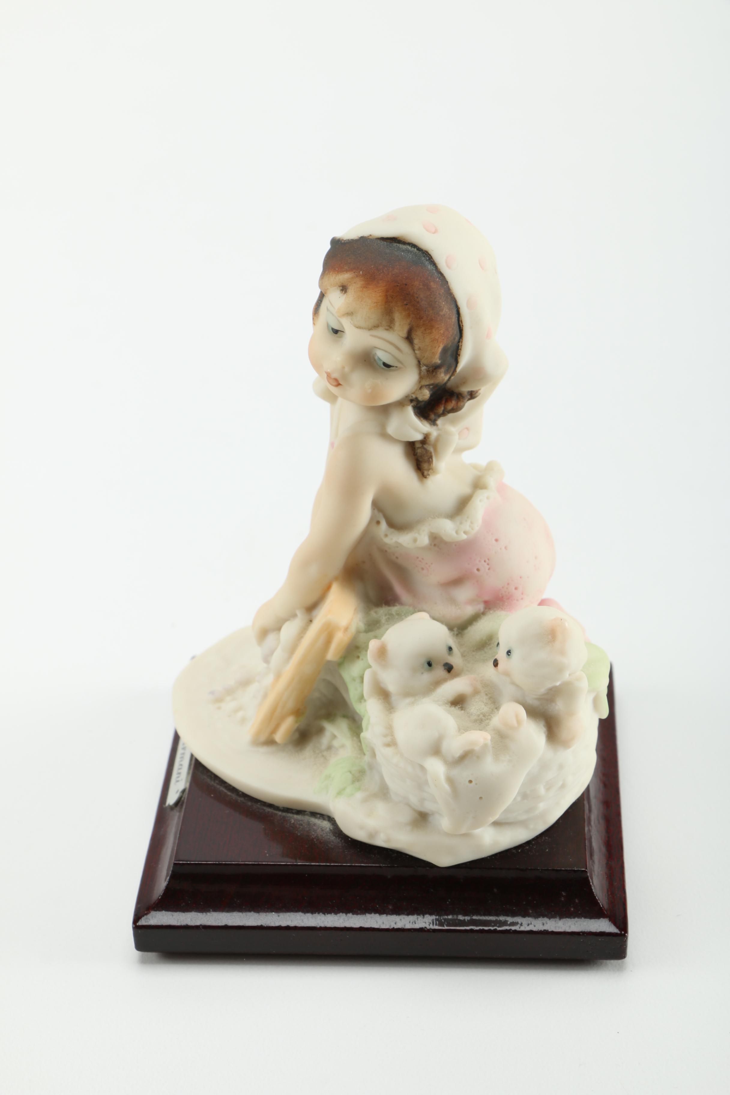 Giuseppe Armani Porcelain Figurines of Baby in Stroller and Girl Washing Clothing