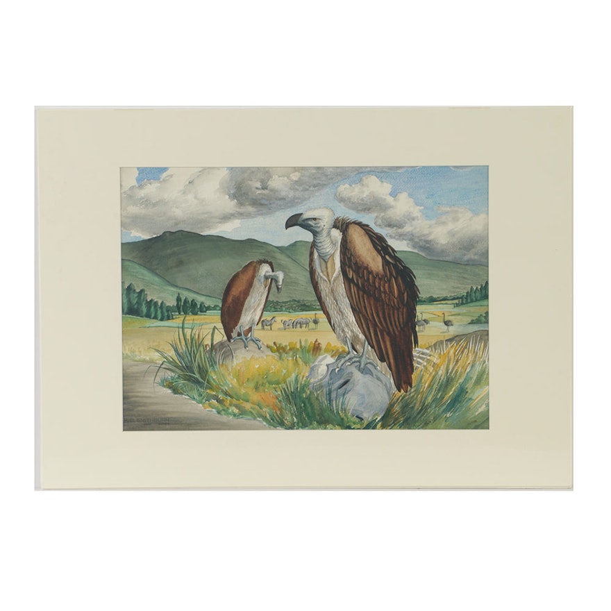 Florence Bartley Smithburn Watercolor Painting on Paper of Vultures
