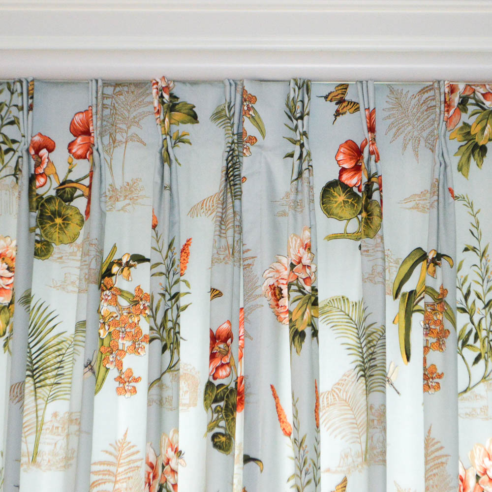 Two Custom Tropical Floral Print Drapery Panels