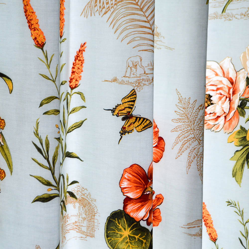 Two Custom Tropical Floral Print Drapery Panels