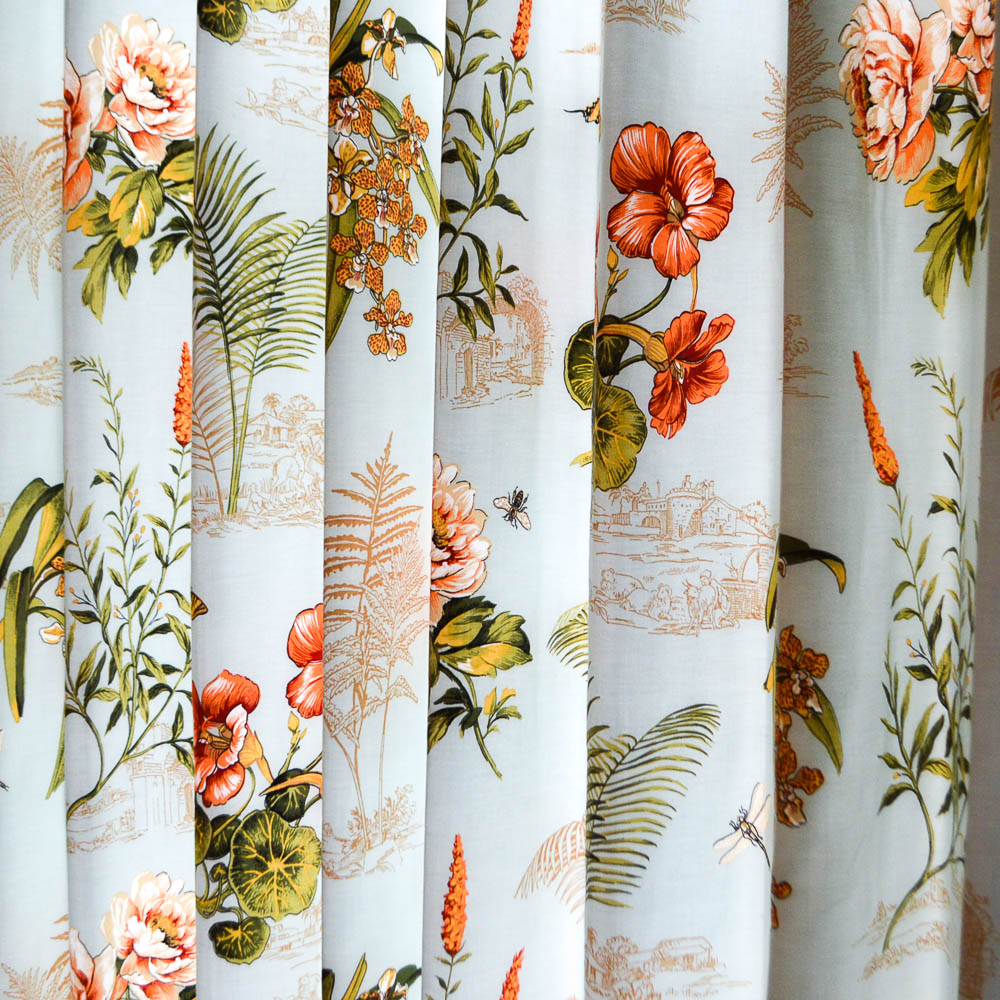 Two Custom Tropical Floral Print Drapery Panels