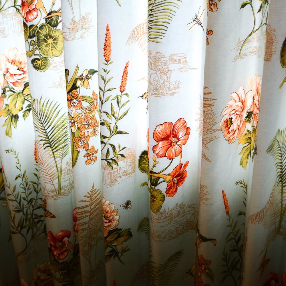 Two Custom Tropical Floral Print Drapery Panels