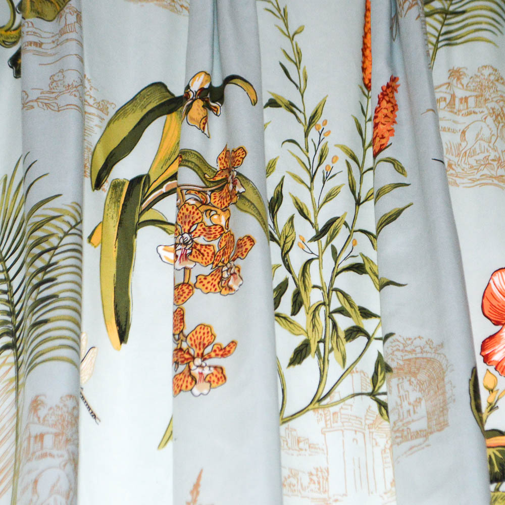 Two Custom Tropical Floral Print Drapery Panels