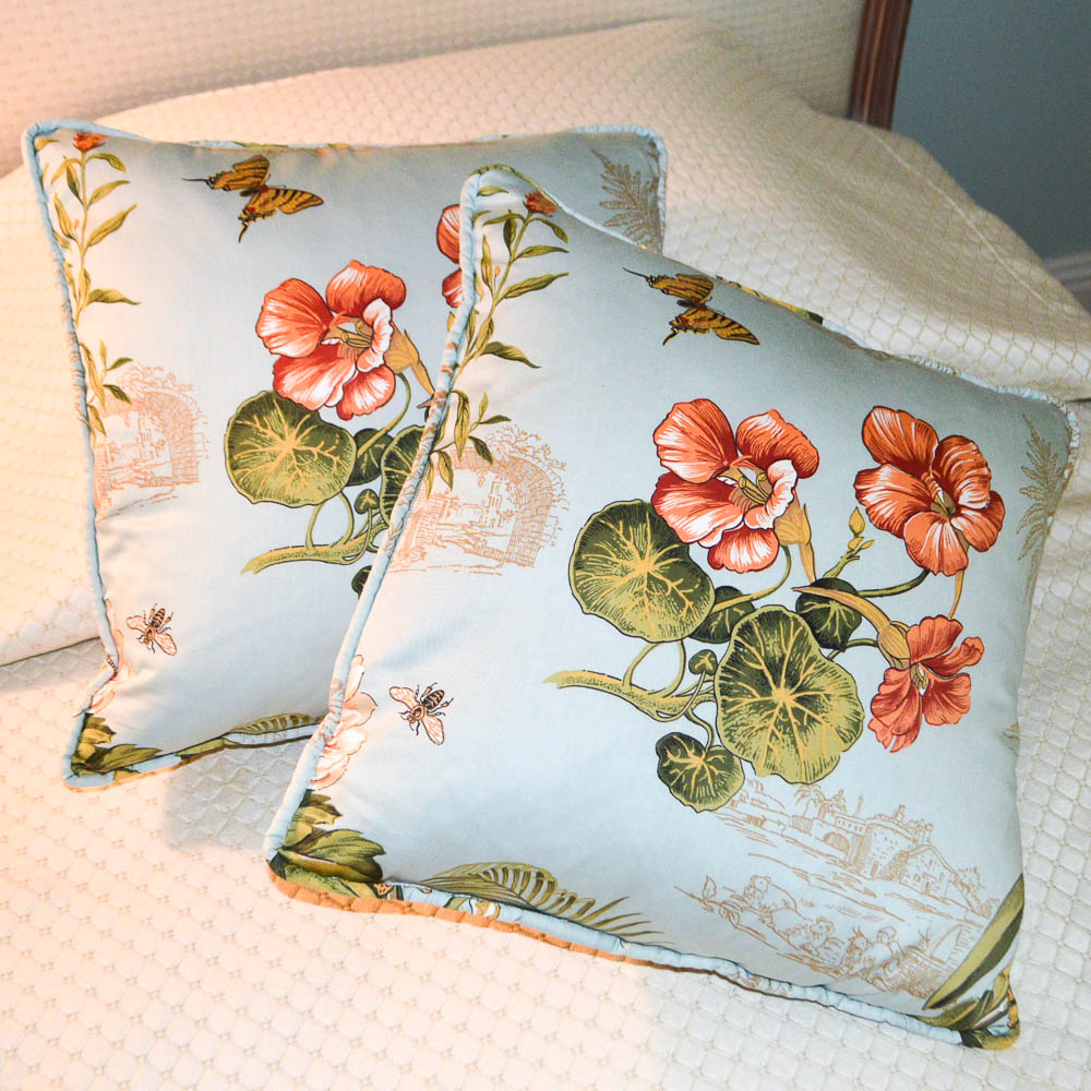 Two Custom Tropical Floral Print Drapery Panels