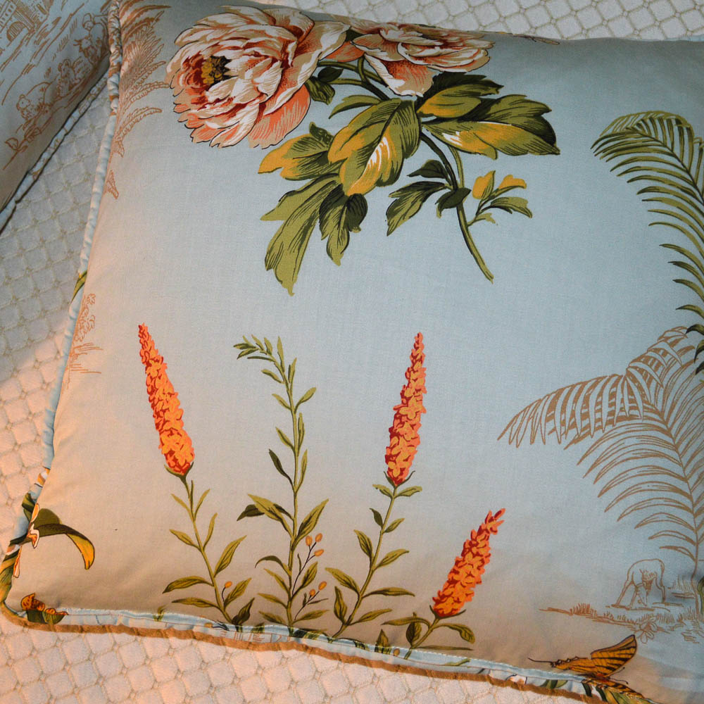 Two Custom Tropical Floral Print Drapery Panels