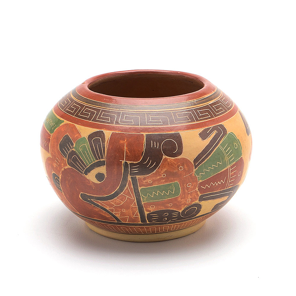 Vintage Aztec Style Polychrome Painted Pottery Bowl