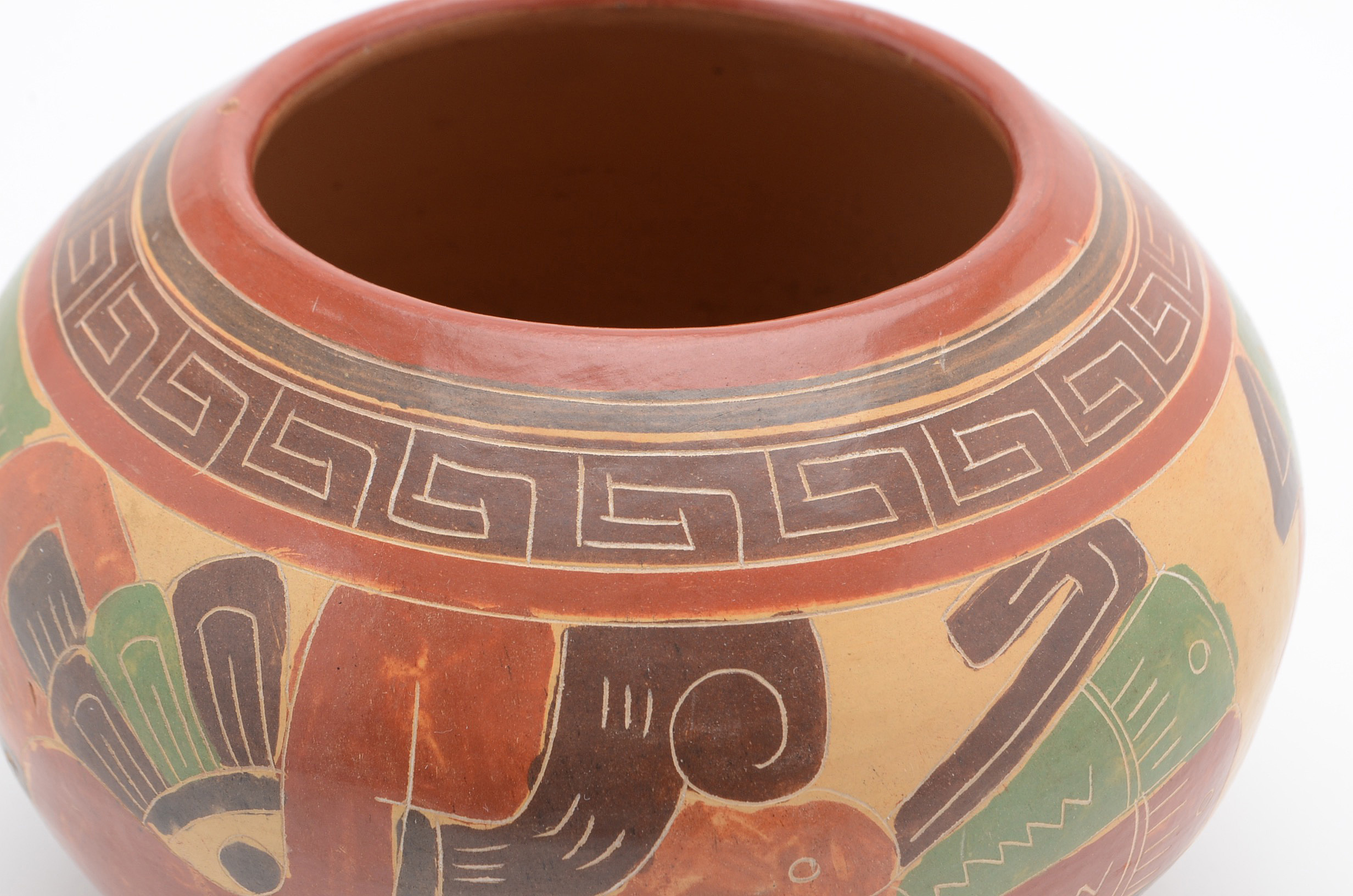 Vintage Aztec Style Polychrome Painted Pottery Bowl