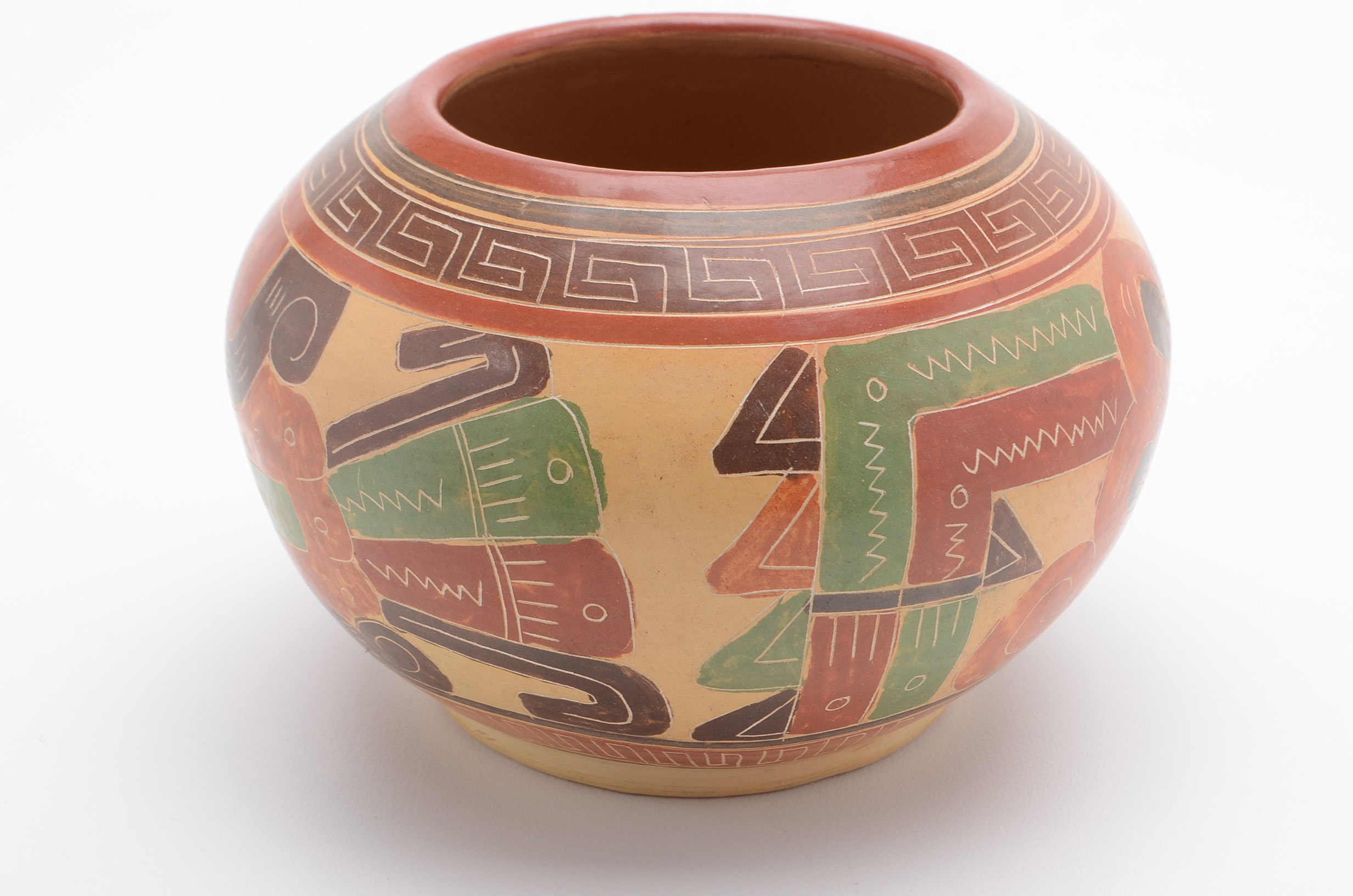 Vintage Aztec Style Polychrome Painted Pottery Bowl