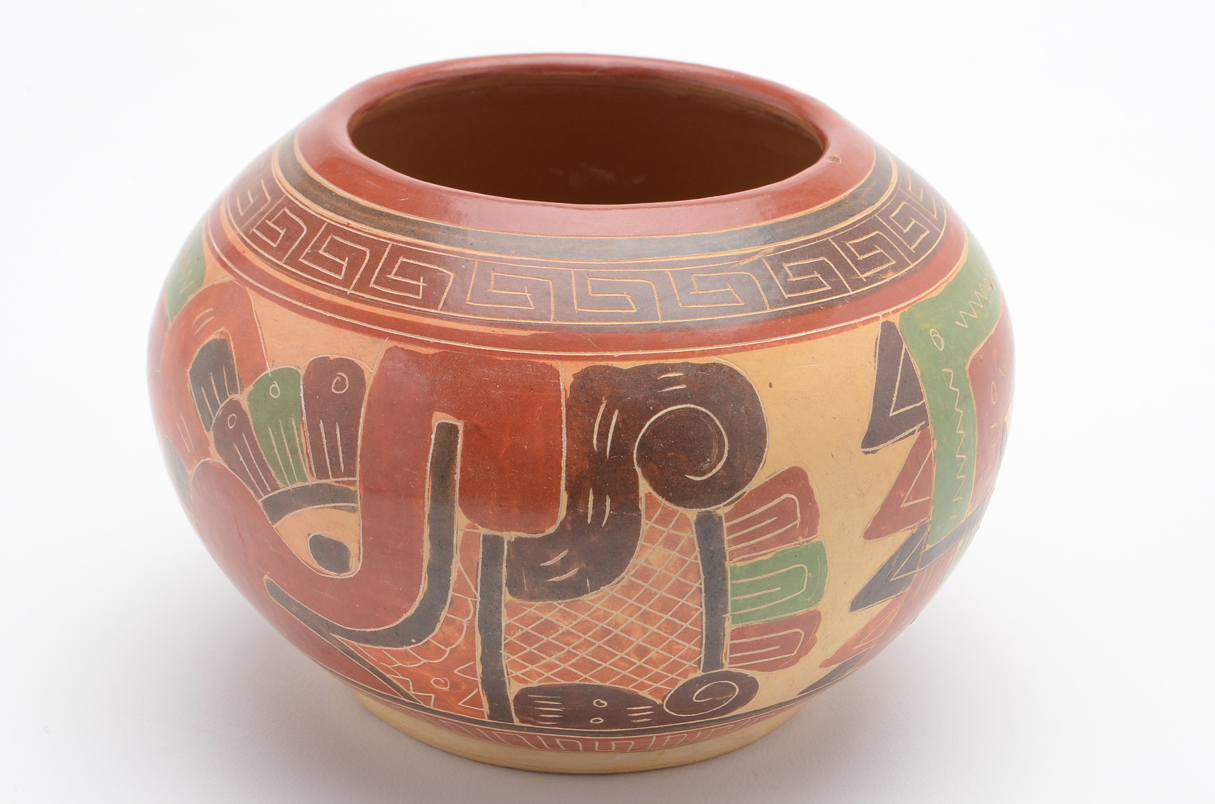 Vintage Aztec Style Polychrome Painted Pottery Bowl