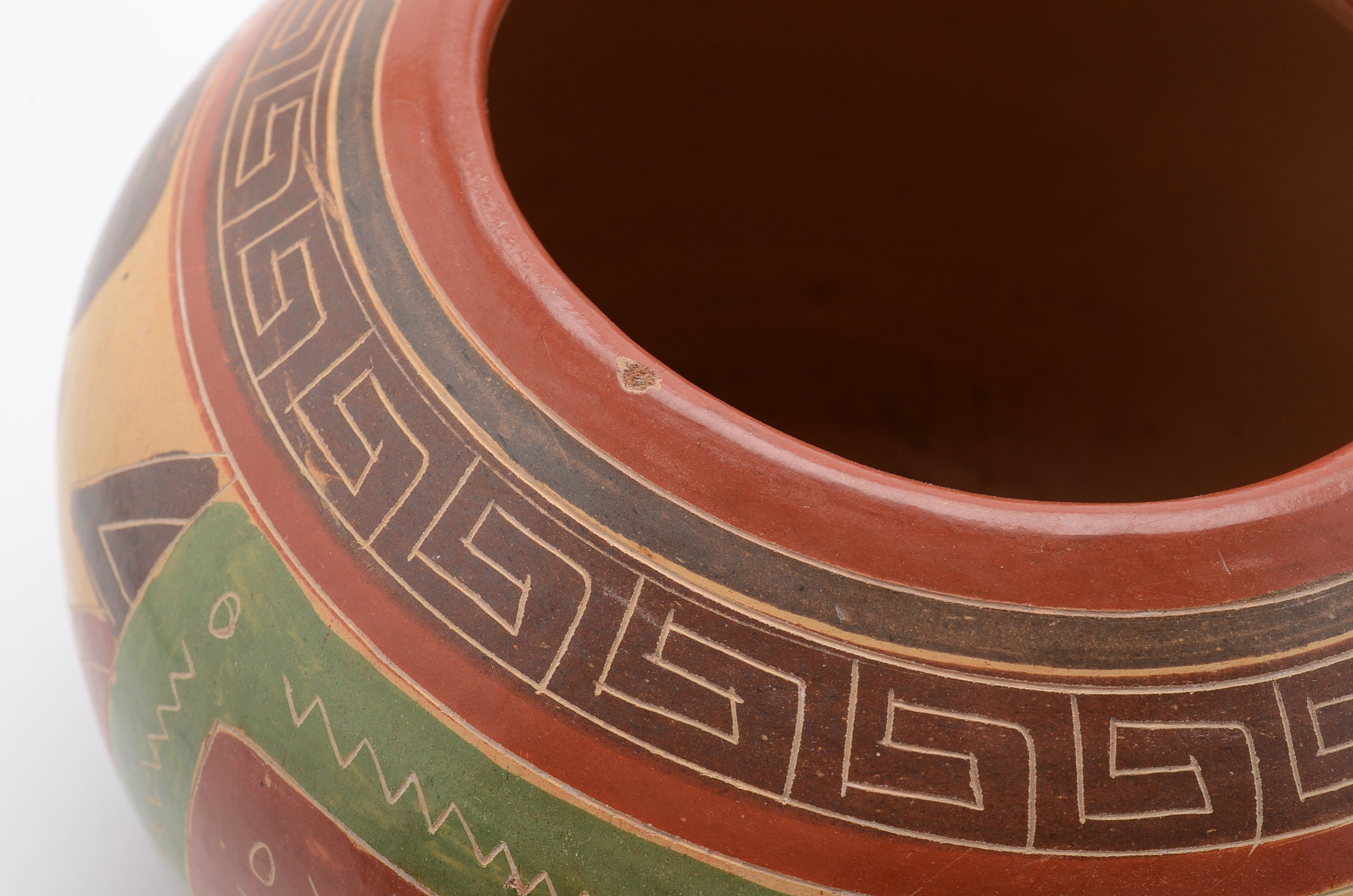 Vintage Aztec Style Polychrome Painted Pottery Bowl