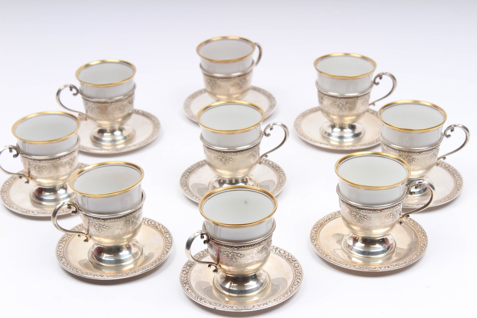Sterling Silver Demitasse Set with  Hutschenreuther China Inserts