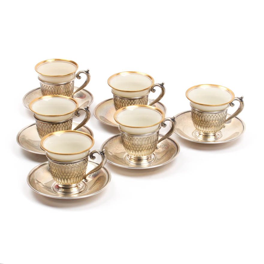 Frank M Whiting Sterling Silver Demitasse Set with Lenox China Inserts