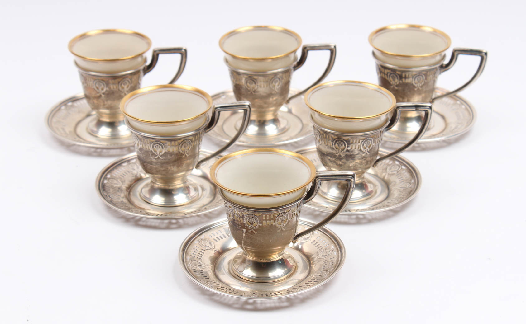 W. H. & Co. Sterling Silver Demitasse Set with Lenox Inserts