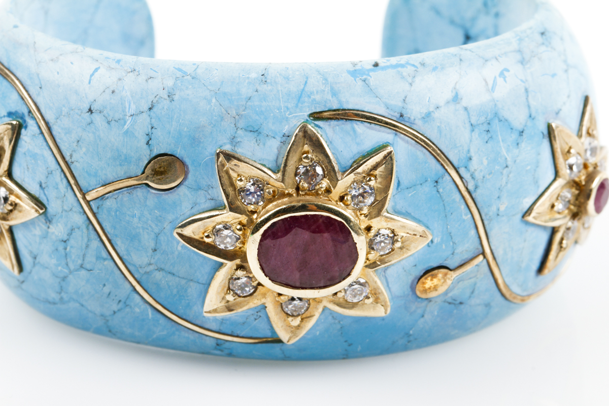 Carved Howlite Cuff with Vermeil and Ruby Accents