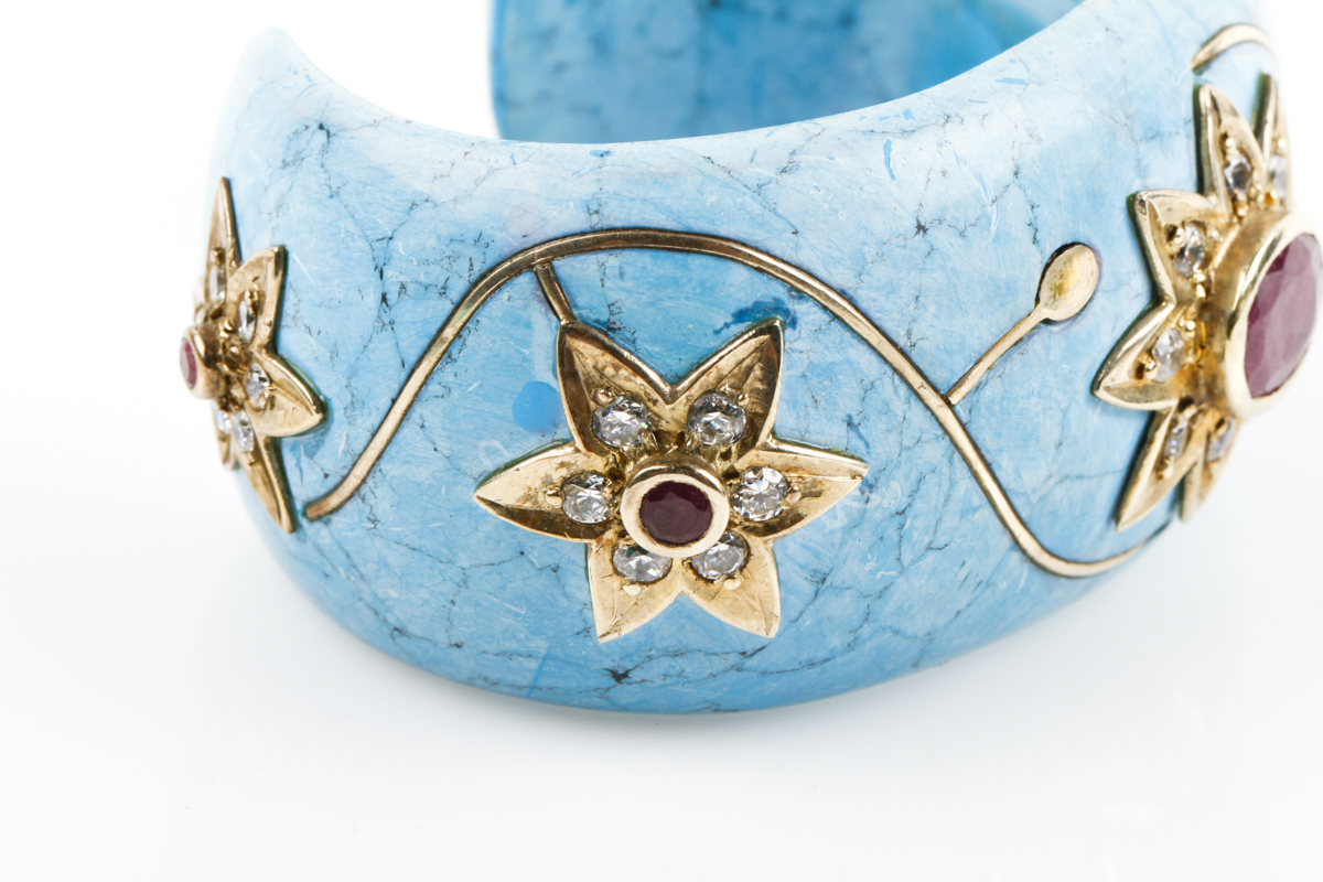Carved Howlite Cuff with Vermeil and Ruby Accents