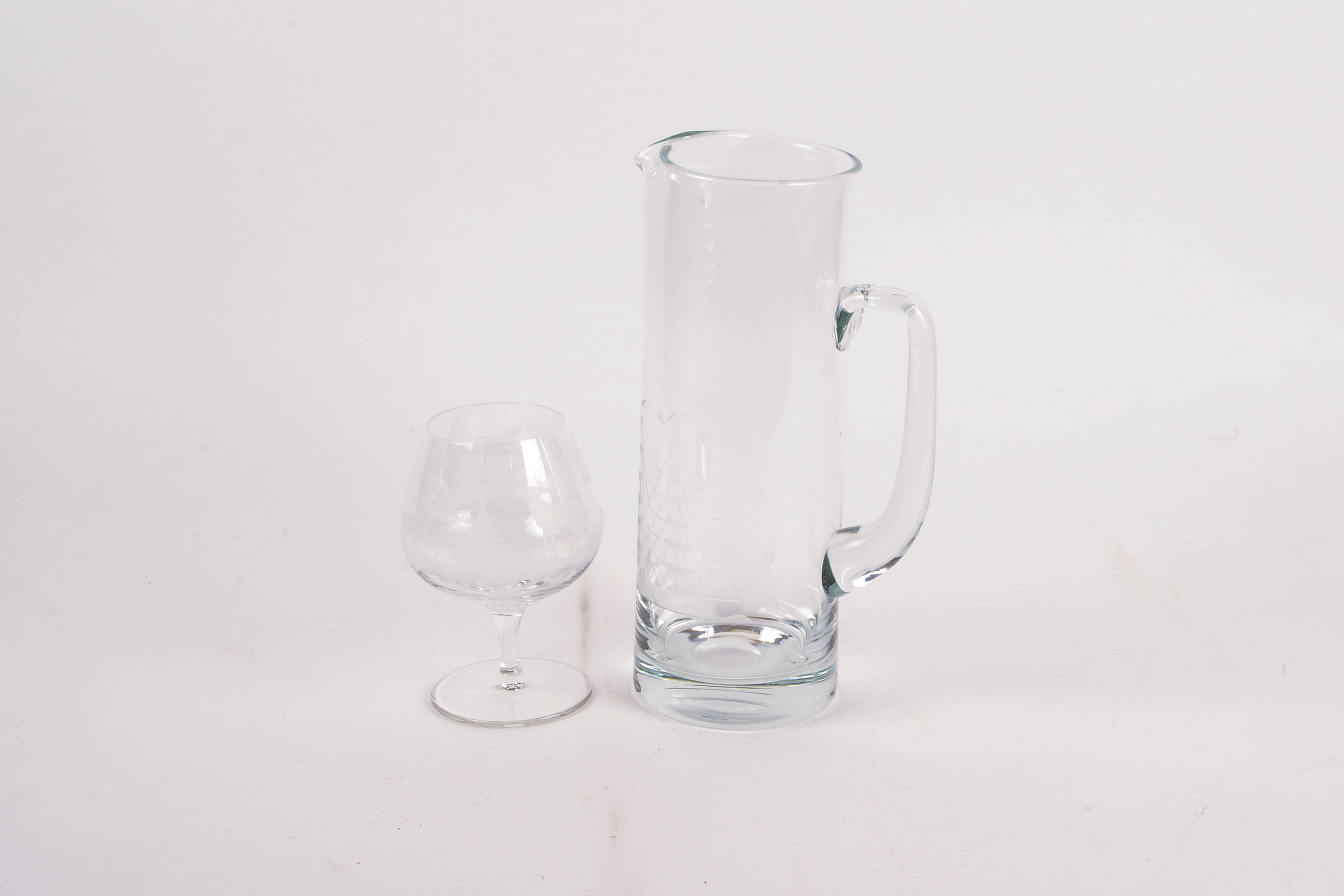 Austrian Javit Cut Crystal Pitcher with Clipper Ship Motif and Footed Glass