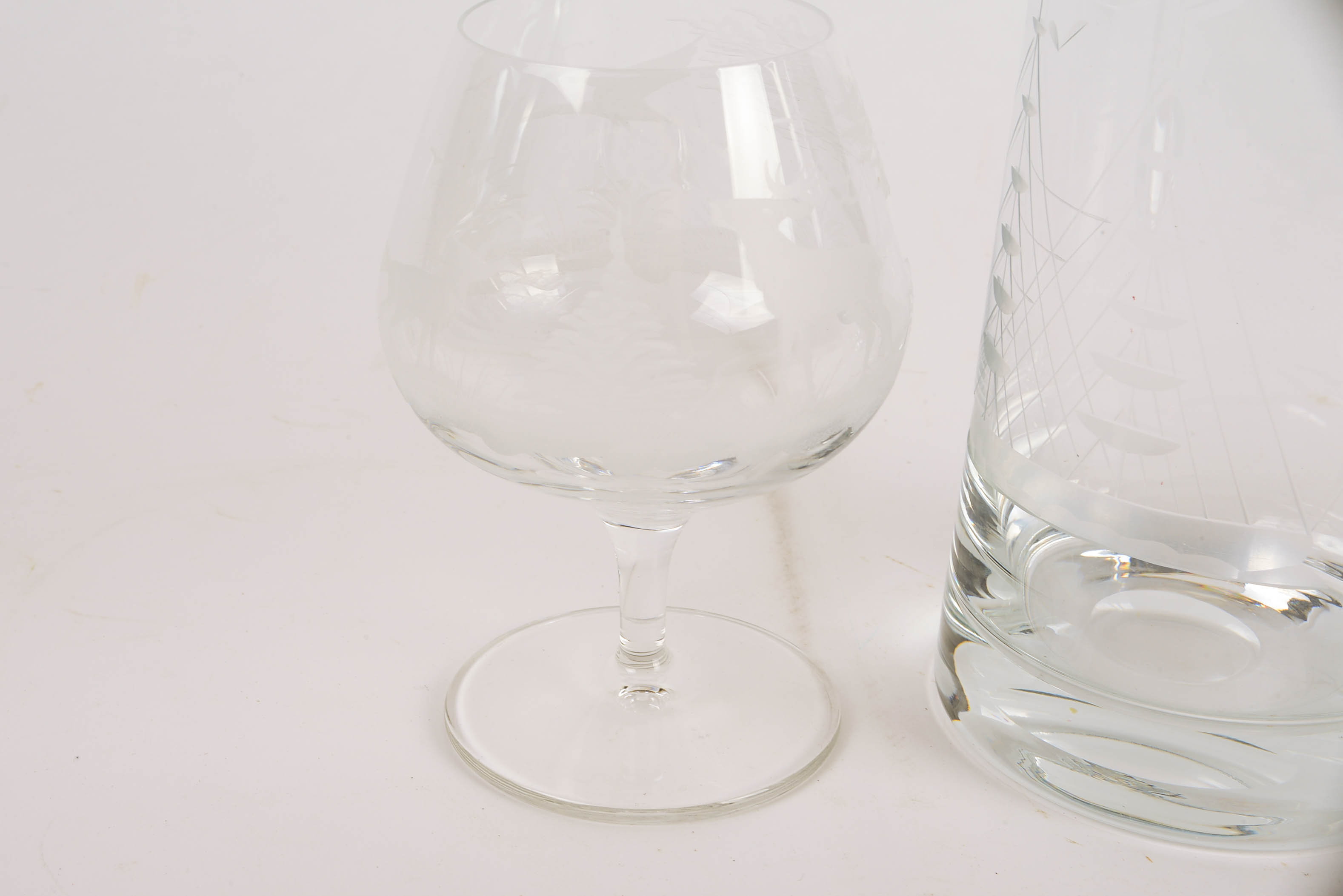 Austrian Javit Cut Crystal Pitcher with Clipper Ship Motif and Footed Glass