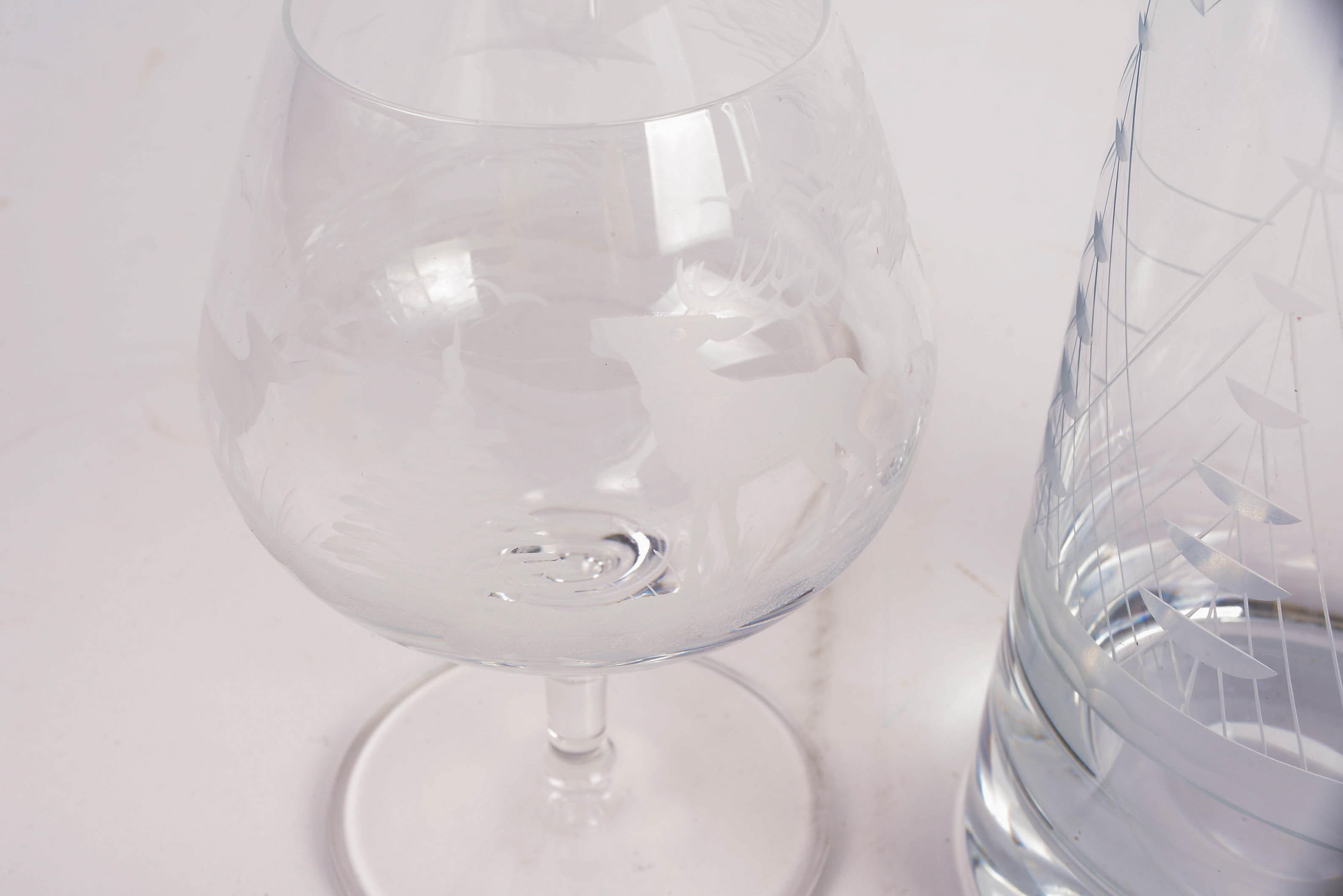 Austrian Javit Cut Crystal Pitcher with Clipper Ship Motif and Footed Glass