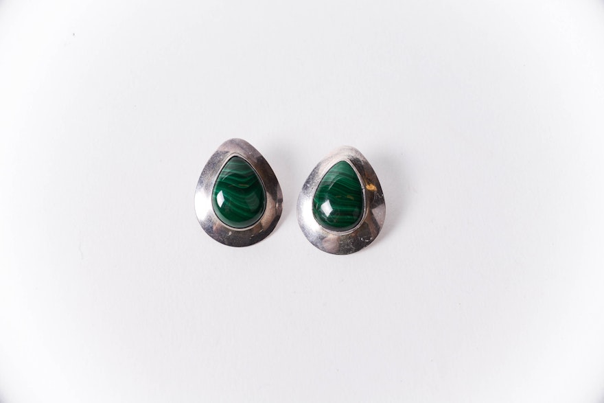 Pair of Edith James Navajo Sterling Silver and Malachite Earrings