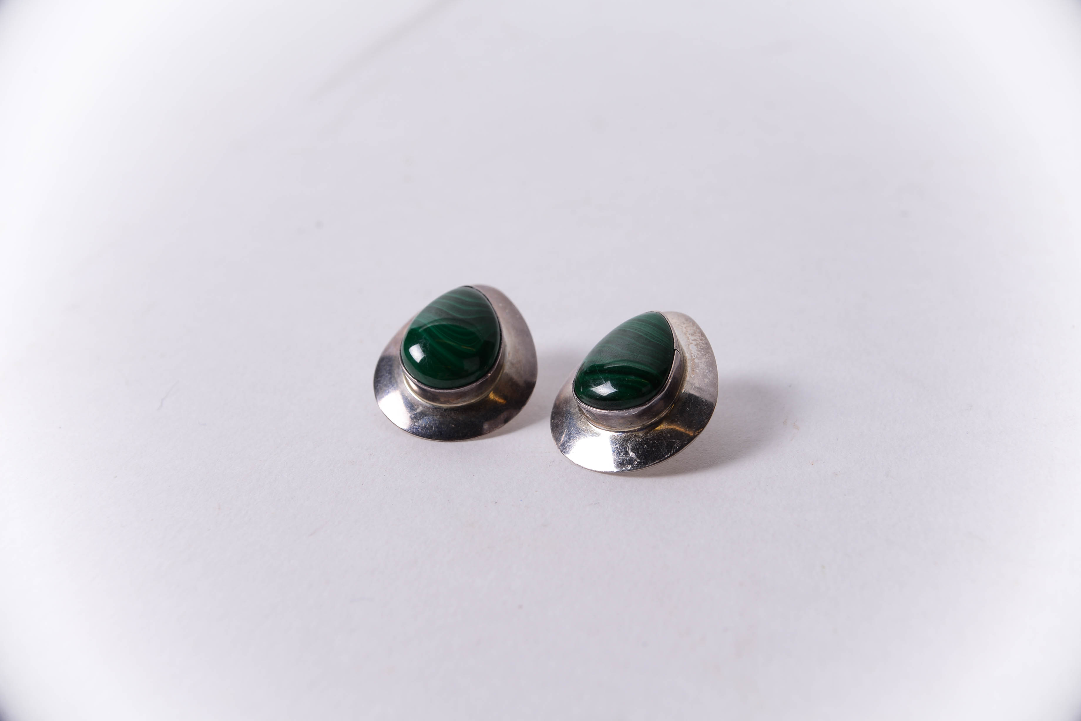Pair of Edith James Navajo Sterling Silver and Malachite Earrings