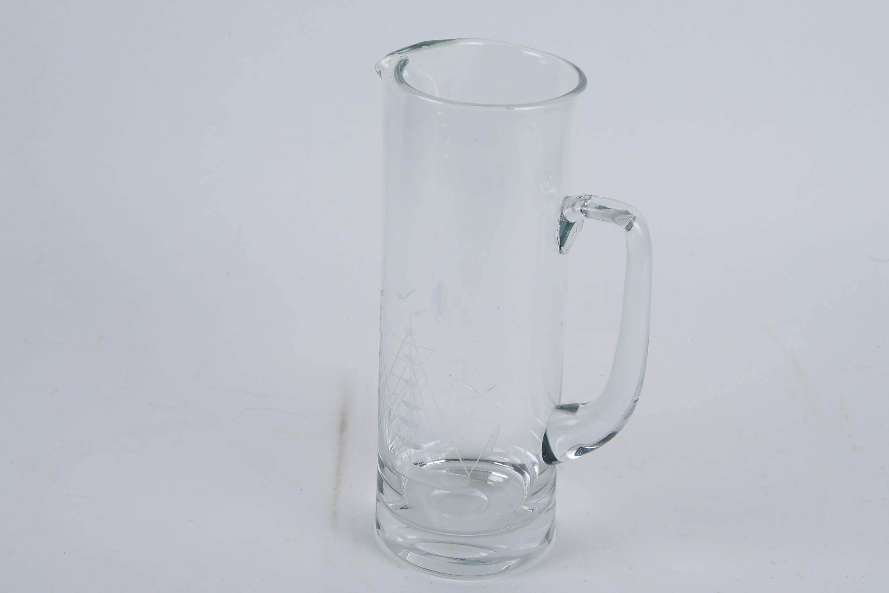 Austrian Javit Cut Crystal Pitcher with Clipper Ship Motif and Footed Glass